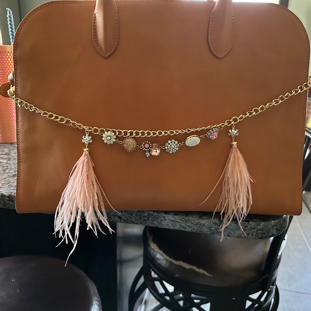 Brown Leather Handbag with Gold Chain and Pink Tassels